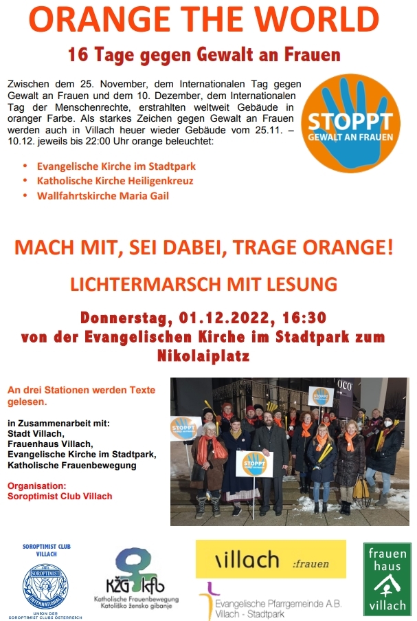„Orange the World“ Lichtermarsch am 01.12.2022 in Villach